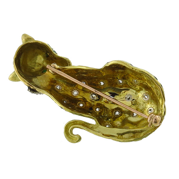 0.55ct Diamond Emerald Enamel Gold Leopard Pin