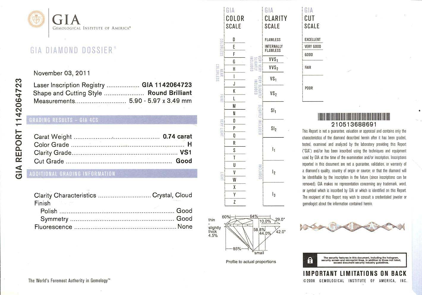 0.74ct Round Cut Diamond 14k White Gold Engagement Ring