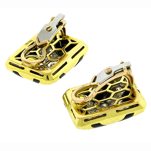 Estate 1960s 1.80ct Round Cut Diamond Onyx 18k Yellow Gold "X" Shield Earrings