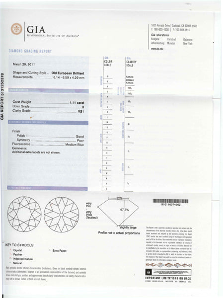 1.11ct Old European Brilliant Diamond Platinum Engagement Ring