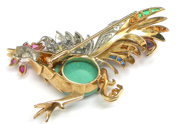 14k Yellow Gold 0.75ct Diamond Multi Color Stone Turquoise Cock Pin