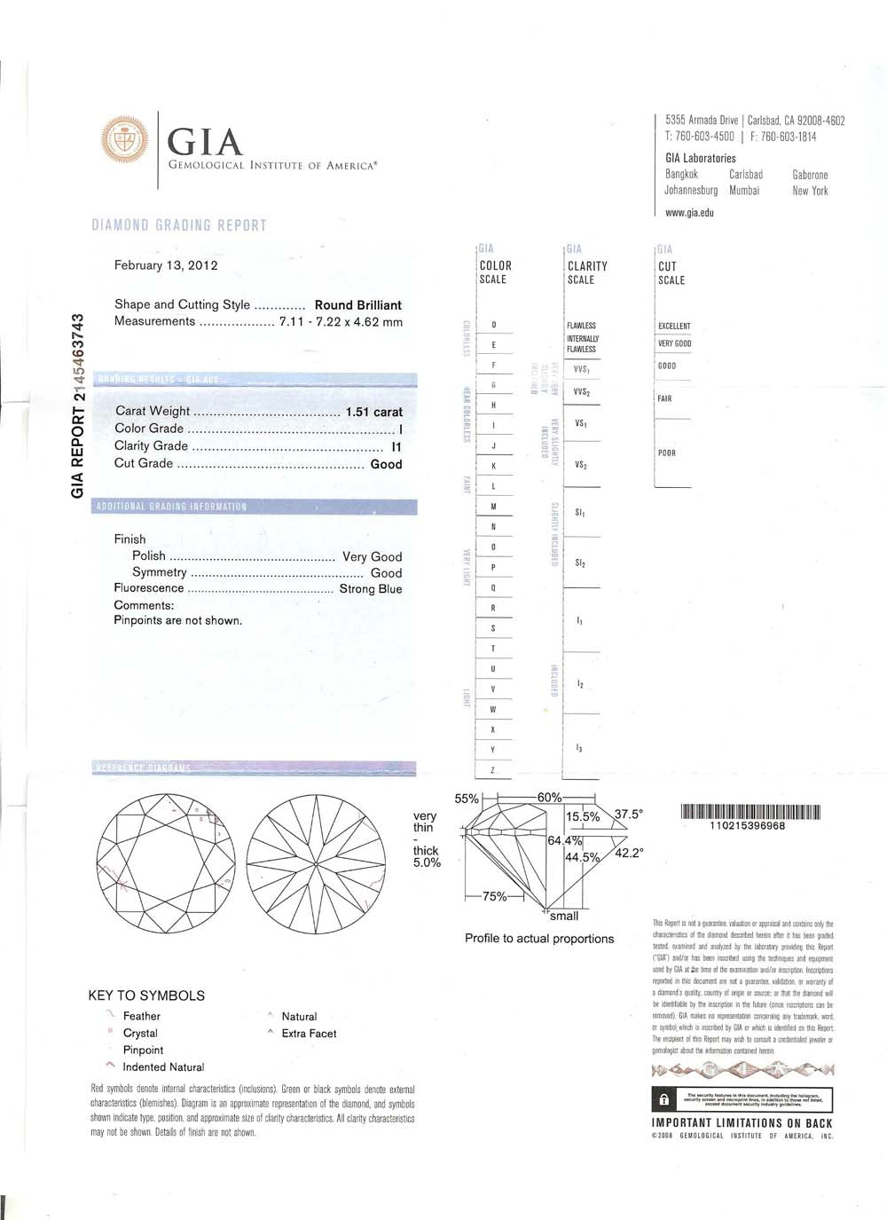 1.51ct Round Cut Diamond Platinum Engagement Ring