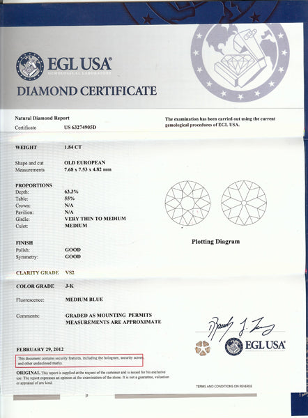 1.84ct Old European DiamondPlatinum Enegagement Ring