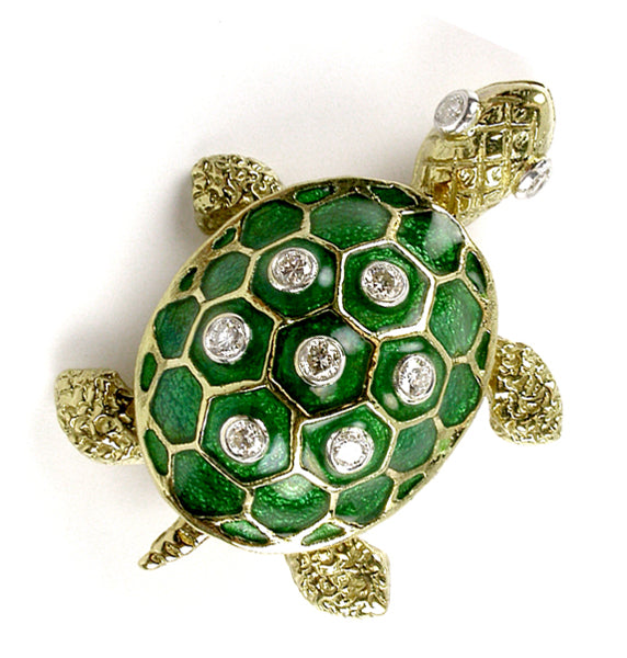 18K Gold Enamel Turtle Pin w/ Diamonds