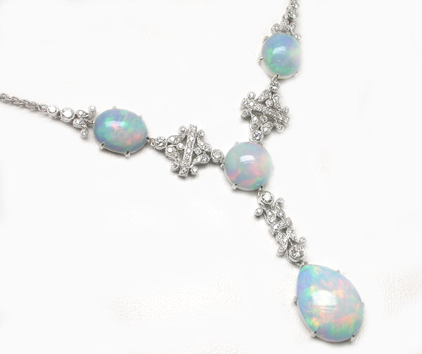 18k White Gold Diamond and White Opal Necklace