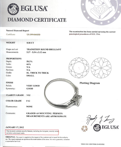 1920s 0.56ct Round Diamond Platinum Engagement Ring