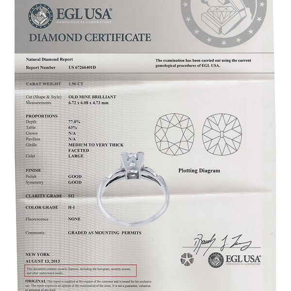 1920s EGLCertified 1.56ct Diamond Engagement Ring