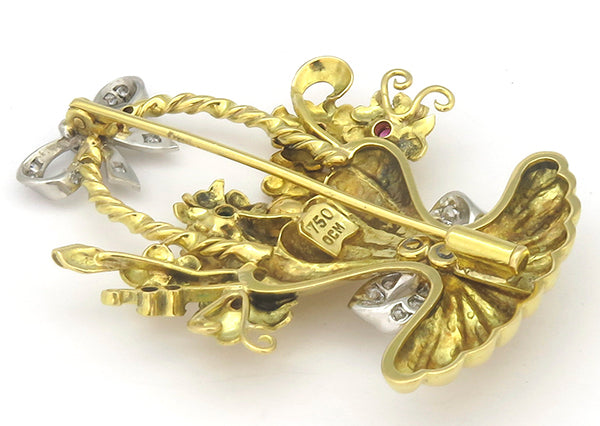 1940s 0.30ct Diamond Multi Precious Colored Stone Gold Basket Pin