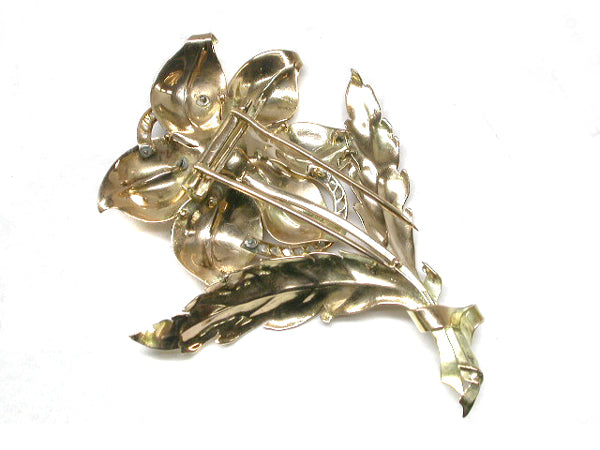 1940s 14k Yellow Gold 1.80ct Diamond Pearl Floral Pin