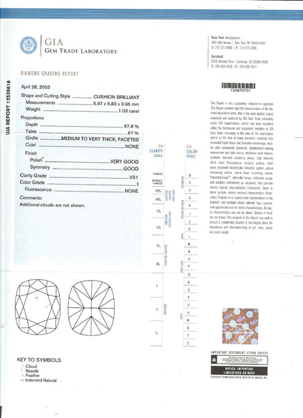 1950s 1.03ct Cushion Cut Diamond Platinum Engagement Ring