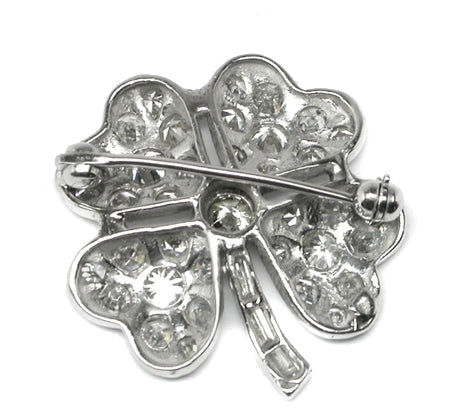 1950s 14k White Gold Diamond Four Leaf Clover Shamrock Pin