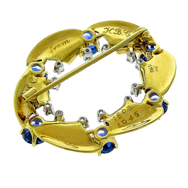 1950s 4.50ct Round Sapphire Diamond 14k Yellow & White Gold Pin