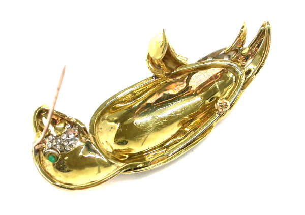 1960s 18k Yellow Gold Diamond Emerald Ruby & Sapphire Parrot Pin