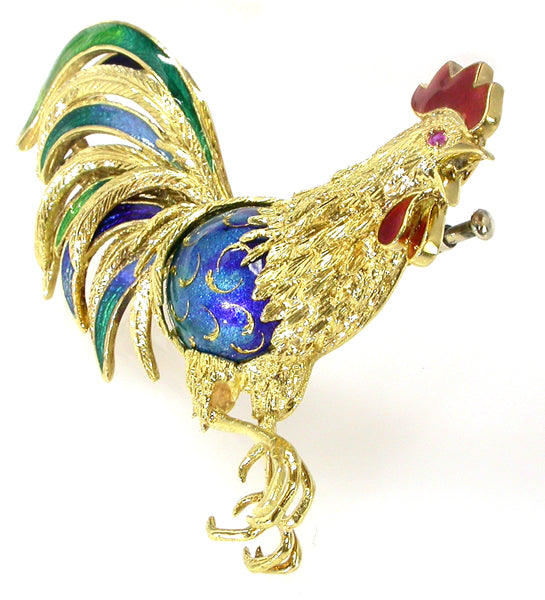 1960s 18k Yellow Gold Ruby Enamel Gold Rooster Pin