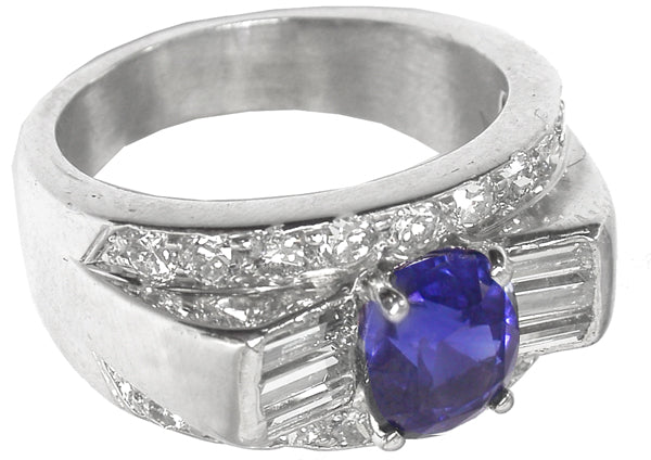 1960s 1.95ct Cushion Cut Sapphire Diamond 14k White Gold Ring