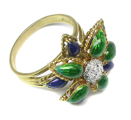1960s Diamond Blue and Green Enamel 18k Yellow Gold Flower Ring