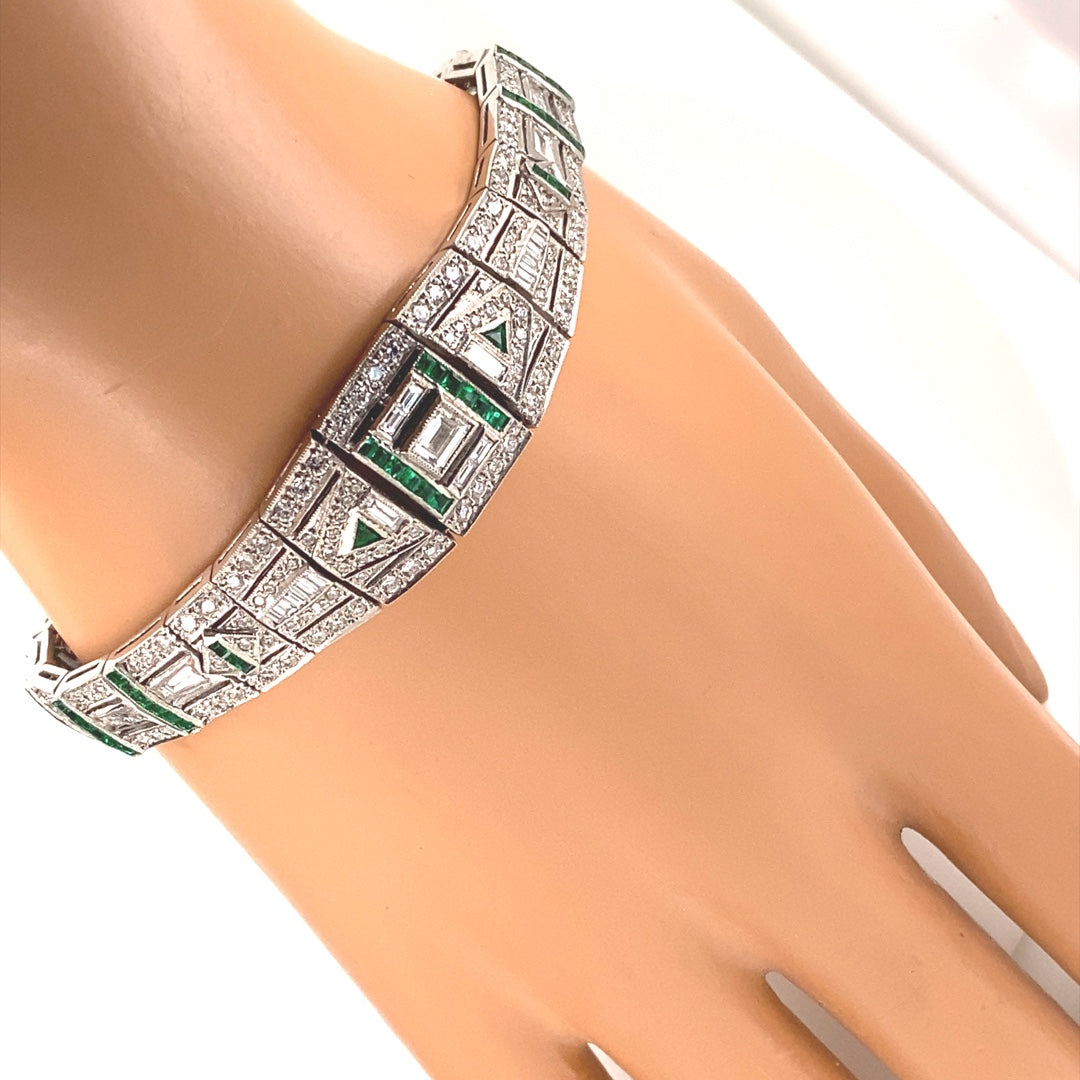 Art Deco Style 18k White Gold Diamond and Emerald Bracelet