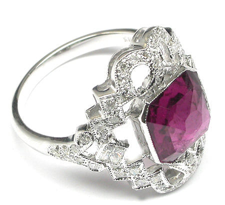 3.12ct Asscher Cut Rubelite Diamond 14k White Gold Ring