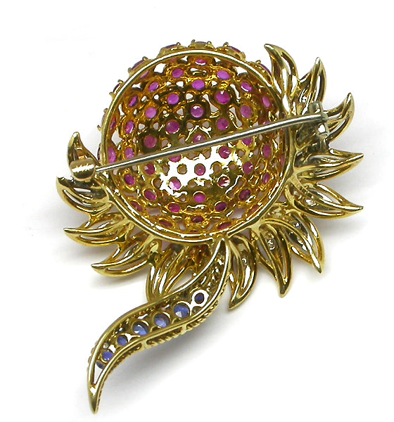 6ct Ruby Sapphire & Diamond 14k Yellow Gold Flower Pin