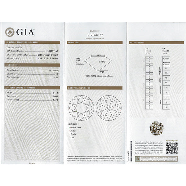 Antique Art Deco GIA 1.02ct Old European Diamond Engagement Ring