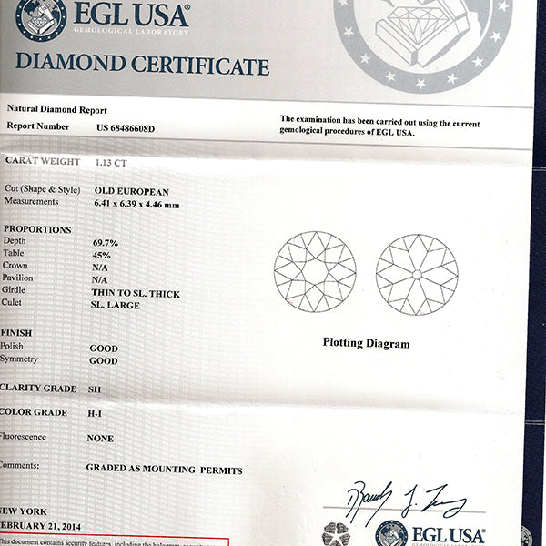 Antique EGL Certified 1.13ct Diamond Engagement Ring