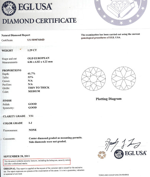 Antique EGL Certified 1.29ct Diamond Engagement Ring