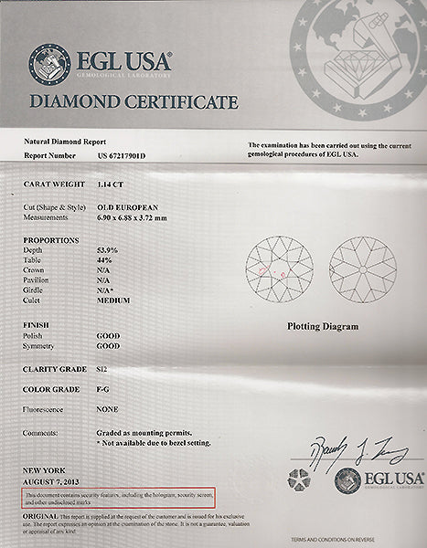 Antique EGL Certified F-G SI2 1.14ct Diamond Engagement Ring