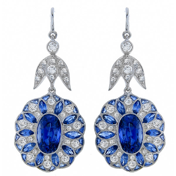 Art Deco Style 5.97ct Oval & Pear Sapphire 0.80ct Round Cut Diamond 18k Earrings
