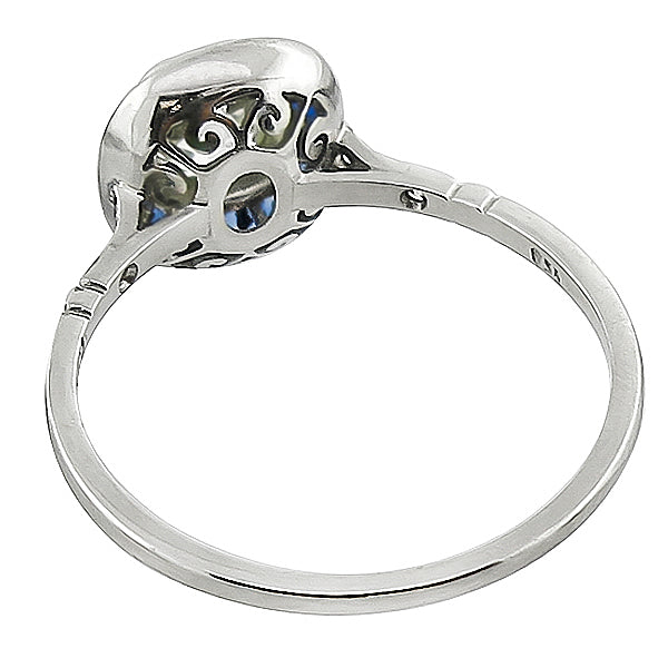 Art Deco 0.57ct Cushion Cut Diamond Sapphire Platinum Engagement Ring