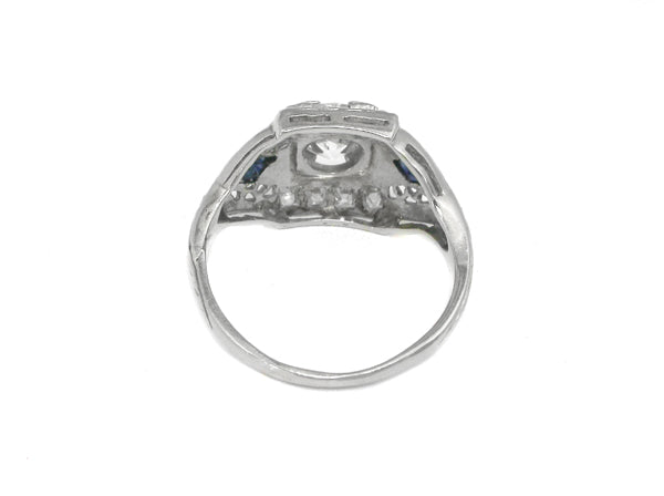 Art Deco 0.60ct Old Mine Cut Diamond Sapphire 14k White Gold Engagement Ring