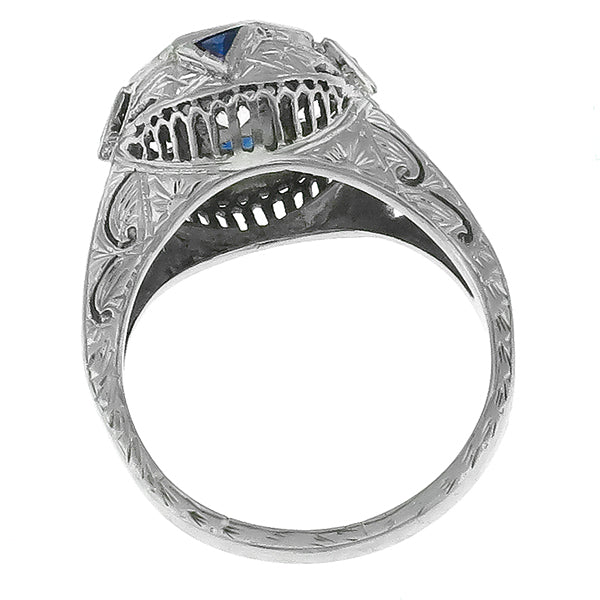 Art Deco 1.28ct Old European Cut Sapphire 18k White Gold Engagement Ring
