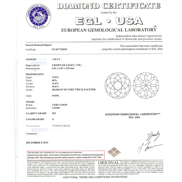 Art Deco 1.45ct EGL Certified G SI2 Diamond Platinum Engagement Ring