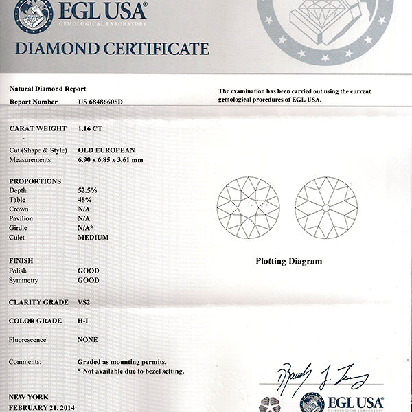 Art Deco EGL Certified 1.16ct Diamond Platinum Engagement Ring