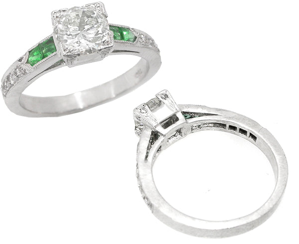 Art Deco Style 0.91ct Old Mine Diamond Emerald Engagement Ring