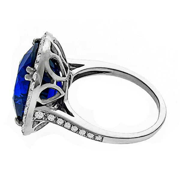 Art Deco Style 12.04ct Cushion Cut Ceylon Sapphire and Diamond Platinum Ring
