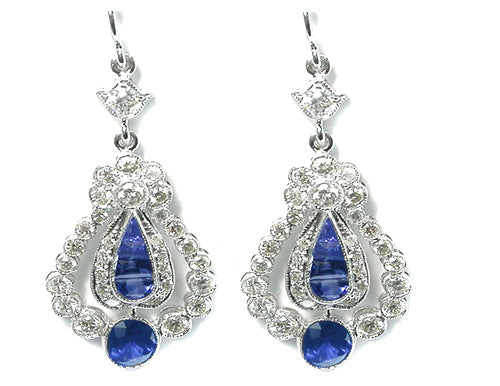 Art Deco Style 14k White Gold Sapphire and Diamond Earrings