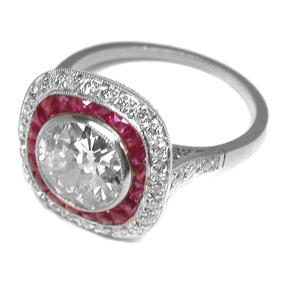 Art Deco Style 2.52ct OLd Mine Diamond Ruby Platinum Ring