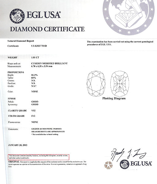 Art Deco EGL Certified 1.01ct Cushion Cut Diamond Platinum Engagement Ring