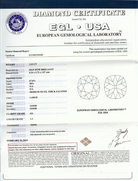 Art Deco Style EGL I-J SI1 1.11ct Diamond Platinum Engagement Ring