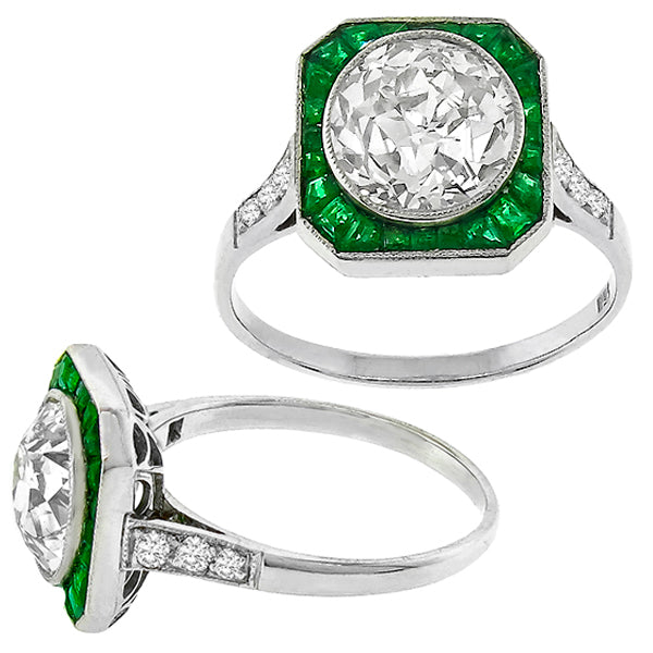 Art Deco Inspired 2.28ct Diamond Emerald Gold Ring