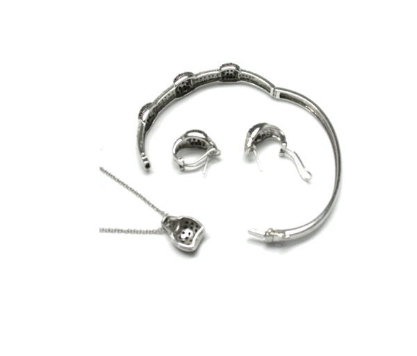 Black & White Diamond 18k White Gold Bangle, Necklace Earrings Set