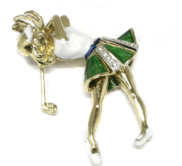 Diamond Enamel 18k Yellow Gold Golfer Pendant