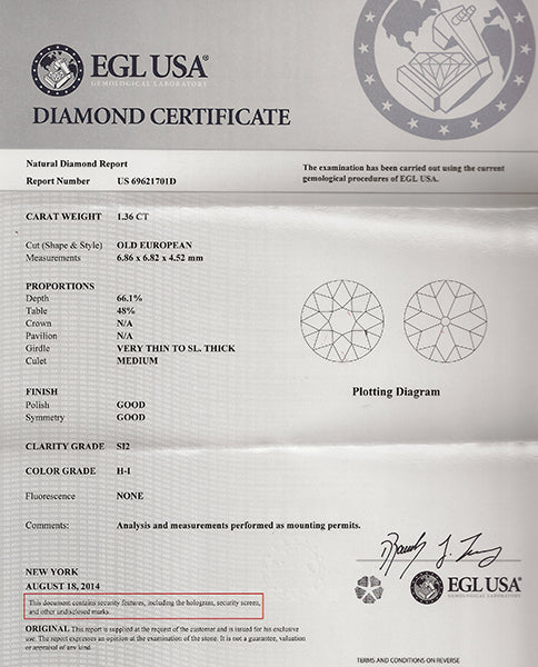 EGL Certified 1.36ct Diamond Engagement Ring