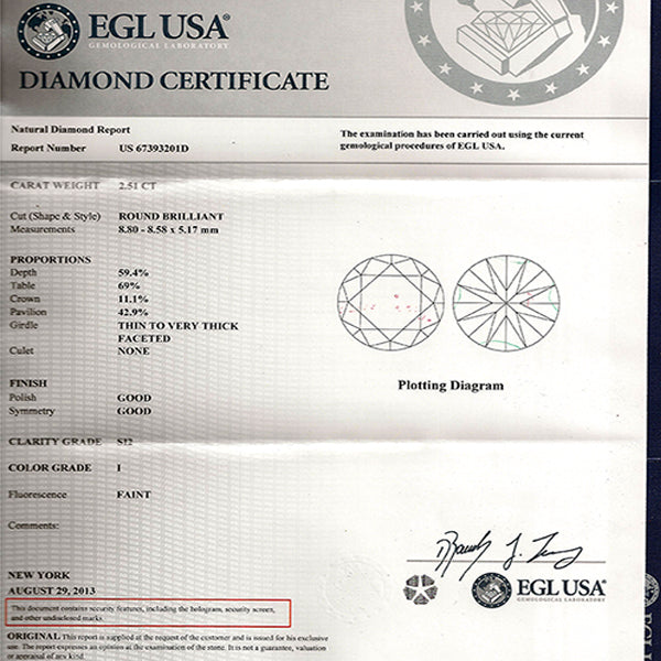 EGL Certified 2.51ct Diamond Gold Engagement Ring