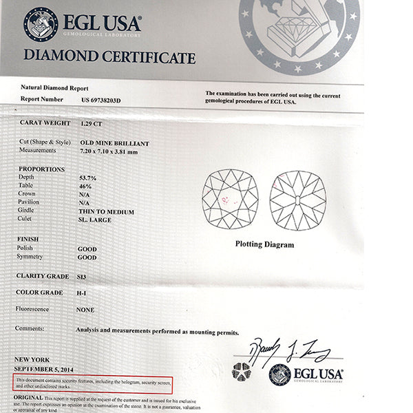 Edwardian EGL 1.29ct Diamond Gold Engagement Ring
