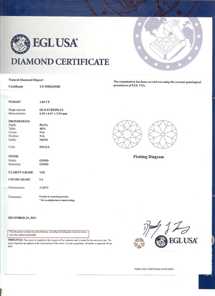 Edwardian EGL Certified I-J VS2 1.09ct Diamond Platinum Engagement Ring