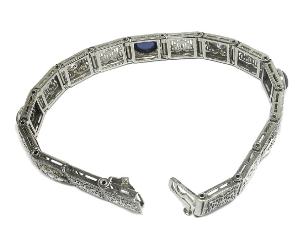 Edwardian Sapphire Diamond 14k White Gold Platinum Filigree Bracelet