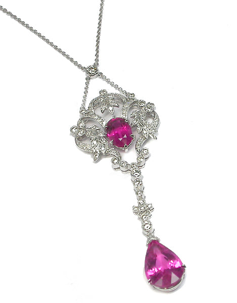 Edwardian Style 18k White Gold 5.60ct Rubelite Diamond Necklace