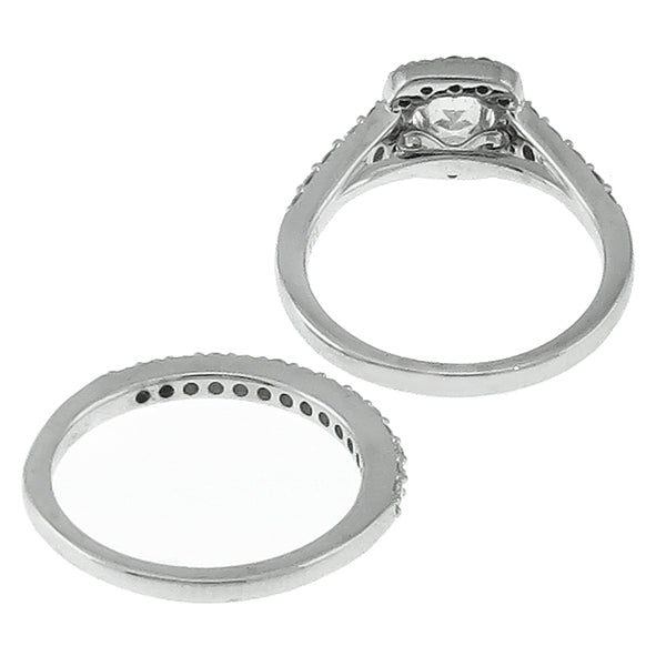 vintage Modified Cushion Cut Diamond Ring and Wedding Band Set in 14k White Gold