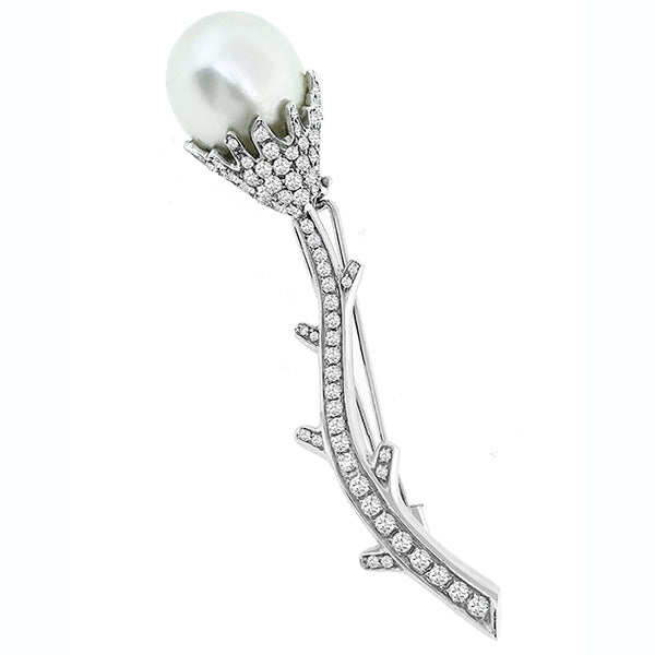 Estate 1.50ct Round Diamond 15.5mm South Sea Pearl 18k White Gold Flower Pin